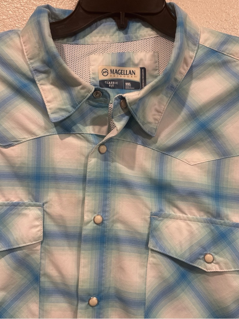 Magellan Outdoors Light Blue and White Plaid Performance Button-Down Shirt